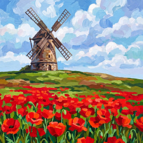 Malen nach Zahlen: Steinmühle und Feld mit roten Mohnblumen unter blauem Himmel