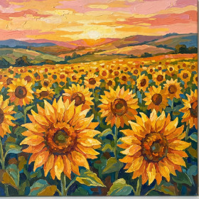 Malen nach Zahlen: Feld mit gelben Sonnenblumen unter rosa-orangefarbenem Himmel