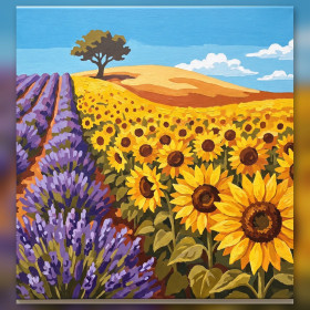 Malen nach Zahlen: Gelbe Sonnenblumen und violetter Lavendel unter blauem Himmel