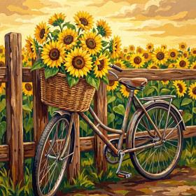 Malen nach Zahlen: Altes Fahrrad und Korb mit Sonnenblumen in einem Feld