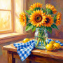 Malen nach Zahlen: Sonnenblumen und Zitronen in einem Glas auf einem Holztisch