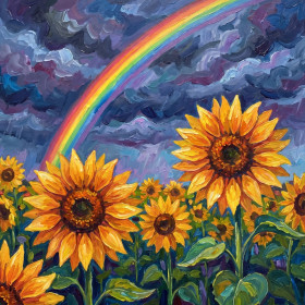 Malen nach Zahlen: Sonnenblumenfeld unter Gewitterhimmel mit Regenbogen