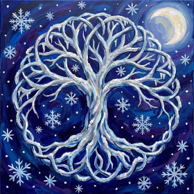 Malen nach Zahlen Lebensbaum im Frost unter violettem Nachthimmel und Mond