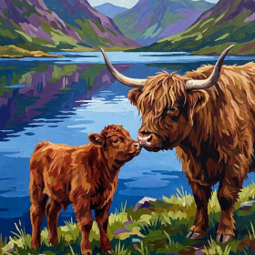 Malen nach Zahlen Highland-Kuh und rotbraunes Kalb vor einem blauen Loch