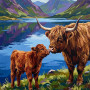 Malen nach Zahlen Highland-Kuh und rotbraunes Kalb vor einem blauen Loch