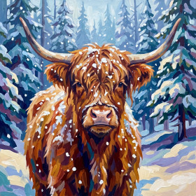Malen nach Zahlen rotbraune Highland-Kuh in einem verschneiten Tannenwald