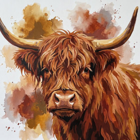 Malen nach Zahlen Kopf einer rotbraunen Highland-Kuh im Aquarellstil auf weißem Hintergrund