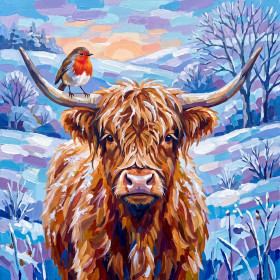 Malen nach Zahlen rotbraune Highland-Kuh mit Rotkehlchen in verschneiter Landschaft