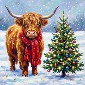 Malen nach Zahlen Highland-Kuh mit rotem Schal vor einem verschneiten Weihnachtsbaum