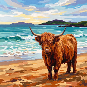 Malen nach Zahlen rotbraune Highland-Kuh an einem schottischen Sandstrand