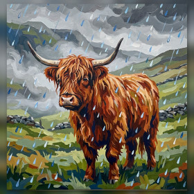 Malen nach Zahlen mit einer rotbraunen Highland-Kuh im schottischen Regen