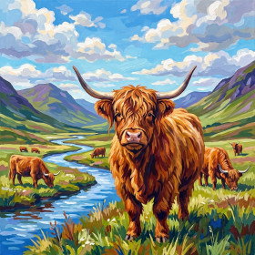Malen nach Zahlen rotbraune Highland-Kuh in einem Tal mit Fluss und Bergen