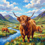Malen nach Zahlen rotbraune Highland-Kuh in einem Tal mit Fluss und Bergen