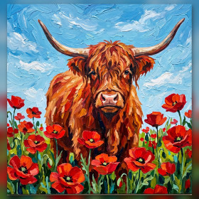 Malen nach Zahlen rotbraune Highland-Kuh in einem Feld mit rotem Mohn
