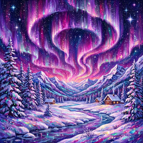 Malen nach Zahlen mit einem violetten Polarlicht über einem verschneiten Tal mit Hütten