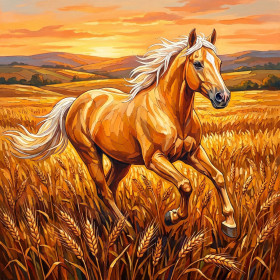 Malen nach Zahlen Palomino-Pferd im Galopp in einem goldenen Weizenfeld