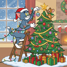 Malen nach Zahlen Tom und Jerry beim Schmücken eines Weihnachtsbaums