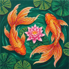 Malen nach Zahlen zwei Goldfische um eine rosa Lotusblüte im Pointillismus-Stil