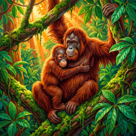 Malen nach Zahlen Orang-Utan-Mutter mit Baby in einem tropischen Dschungel