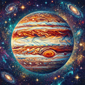 Malen nach Zahlen Planet Jupiter als Mosaik vor einem Galaxienhintergrund