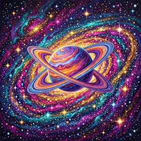 Malen nach Zahlen gestreifter Planet mit Ringen in einer bunten Galaxie
