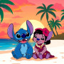 Malen nach Zahlen Stitch und Lilo an einem tropischen Strand bei Sonnenuntergang