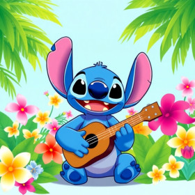 Malen nach Zahlen blauer Stitch, der zwischen tropischen Blumen Ukulele spielt