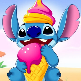 Malen nach Zahlen blauer Stitch, der am Strand ein rosa Eis isst