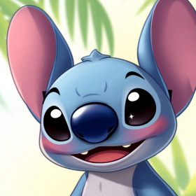 Malen nach Zahlen Porträt von Stitch mit rosa Ohren vor tropischem Laub