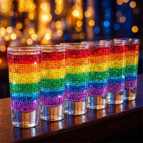 Malen nach Zahlen sechs Regenbogen-Shotgläser auf einer Bartheke