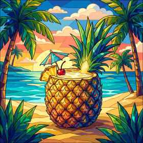 Malen nach Zahlen Piña-Colada-Cocktail in einer Ananas an einem tropischen Strand