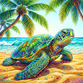 Malen nach Zahlen bunte Schildkröte an einem tropischen Strand mit Palmen und Wellen