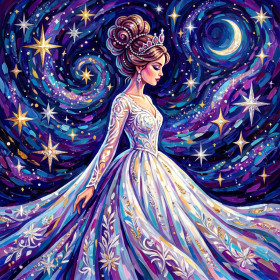Malen nach Zahlen: Prinzessin in besticktem weißem Kleid unter einem violetten Sternenhimmel