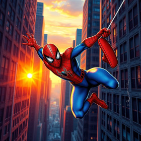 Malen nach Zahlen: Spider-Man im Sprung zwischen Wolkenkratzern bei orangefarbenem Sonnenuntergang