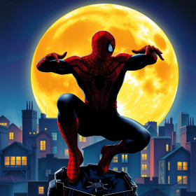 Malen nach Zahlen: Spider-Man hockt auf einem Dach vor einem gelben Mond