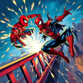 Malen nach Zahlen: Spider-Man, zwei Figuren im Kampf auf einer Stadtbrücke