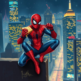 Malen nach Zahlen: Spider-Man sitzt mit einem Sandwich auf einem Dach vor Wolkenkratzern