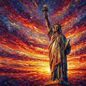 Malen nach Zahlen: Freiheitsstatue vor einem Sonnenuntergang als Mosaik