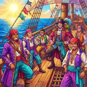 Malen nach Zahlen: Bunte Piratencrew auf dem Deck eines Schiffes