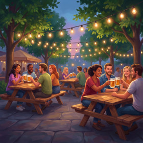 Malen nach Zahlen: Bier unter Freunden im Garten mit Bierkrügen und Lichterketten