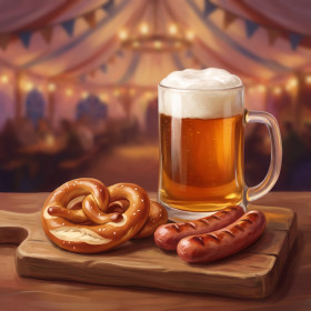 Malen nach Zahlen: Schaumiger Bierkrug mit Brezel und gegrillten Würstchen