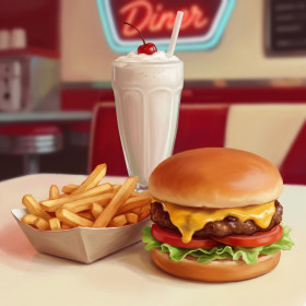 Malen nach Zahlen Cheeseburger mit Pommes und Milchshake auf der Theke eines Retro-Diners