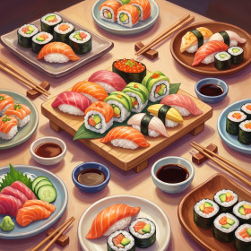 Malen nach Zahlen Sushi-Tisch mit Stäbchen und Platten mit Maki und Nigiri