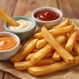Malen nach Zahlen goldene Pommes frites mit Ketchup und Mayonnaise auf Kraftpapier