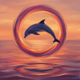 Malen nach Zahlen Delfin, der durch einen bunten Ring über dem Ozean springt