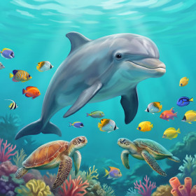 Malen nach Zahlen Delfin, umgeben von tropischen Fischen und Meeresschildkröten