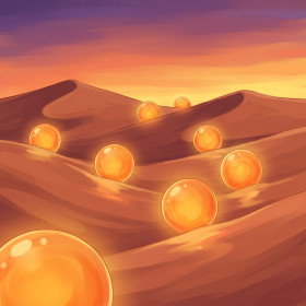 Malen nach Zahlen sieben orangefarbene Kristallkugeln in einer Wüste bei Sonnenuntergang