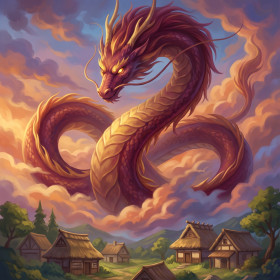 Malen nach Zahlen goldener Drache über einem Dorf mit roten Dächern