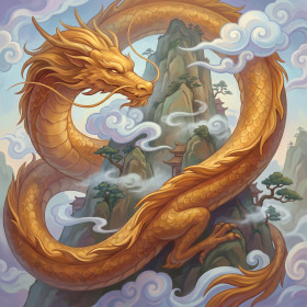 Malen nach Zahlen goldener Drache, der sich um einen felsigen Berg und Wolken windet