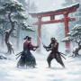 Malen nach Zahlen zwei Samurai im Duell im Schnee vor einem roten Torii
